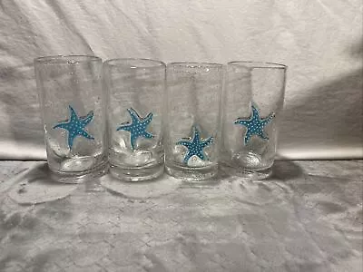 Hand Blown Mexican Bubble Glass Heavy Blue Starfish Glasses Beach Ocean Set 4 • $40