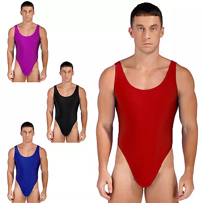 Mens One-piece Swimsuits Sleeveless High Cut Bodysuits Stretch Leotard Swimwears • £10.99