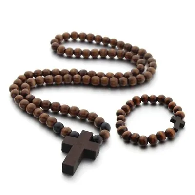 Bracelet Necklace Set Wooden Beads Carved Long Rosary Catholic Jewelry For Men • £5.08
