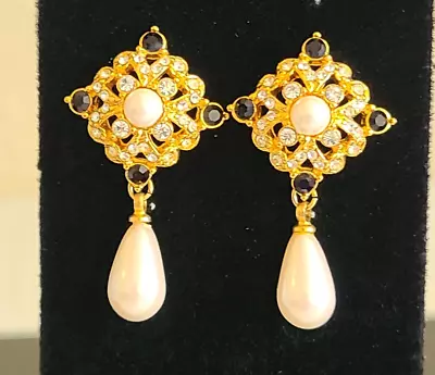 Vintage ESTATE Marvella Faux Pearl & RHINESTONE Dangling Pierced Earrings LONG • $1.98