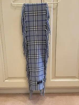 £85 • Buy Burberry Blue And Cream Scarf With Fringing 100% Cashmere Very Rare