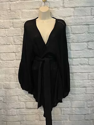 B.Chyll Women's Black Linen Woven Balloon Sleeve Belted Cardigan Sweater Sz L • $39.99