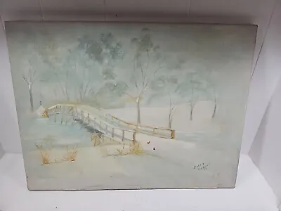 Painting Canvas Acrylic Signed Vtg  70s 18 X24   Snowy Landscape Trees Water • $25.06