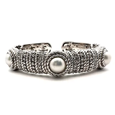 Judith Ripka Sterling Silver CZ/3 Pearl Hinged Texture Bangle Bracelet-A2555 • $149.99