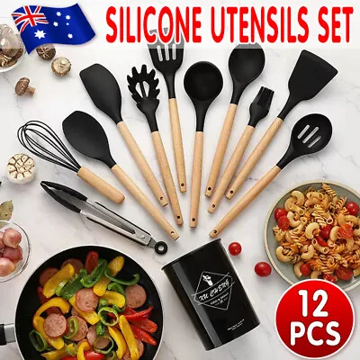 $22.40 • Buy Set Of 12 Silicone Utensils Set Wooden Cooking Kitchen Baking Cookware AU  Stock