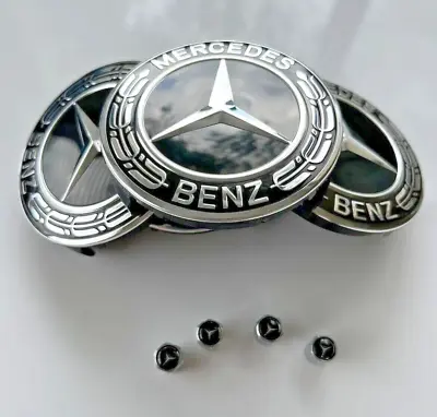 $26.95 • Buy 8pc Fits Mercedes-Benz Wheel Rim Center Caps BLACK AMG &Tire Valve Air Caps 75mm
