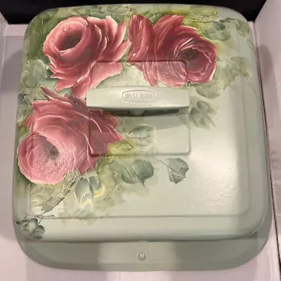 Vintage Handpainted Square Metal Cake Cover Taker Carrier Green Roses West Bend • $63.96