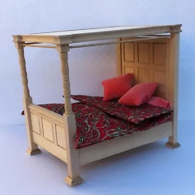 £32.99 • Buy Double Four Poster Tudor Bed With Paisley Bedding In Barewood, Dolls House Mini