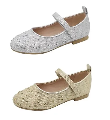 Girls Diamante Glitter Low Heel Pumps Bridesmaid Wedding Fancy Party Shoes Size • £14.99