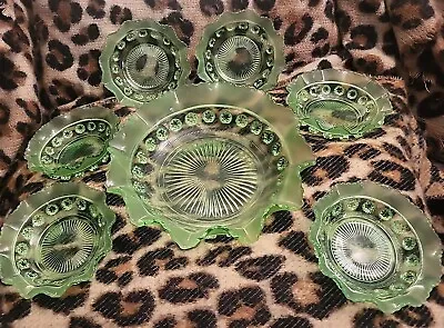 Art Deco George Davidson Green Glass Blackberry Prunt Large Bowl 6 Dessert Set • £29.99