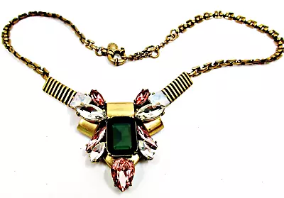 J Crew Green Pink Rhinestone Crystals Gold Opalescent Egyptian Pendant Necklace • $28.99