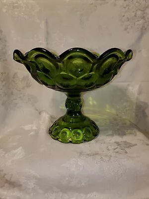 Vtg. L.E Smith Moon & Stars 8  Tall Green Pedestal Compote Candy Scalloped Edge  • $25