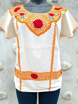 XL Mexican Red Orange Floral Hand Made Embroidery Ivory Muslin Woman Tunic Top • $45