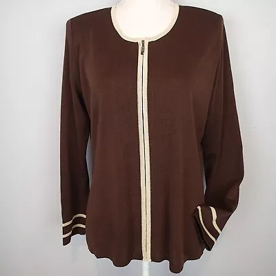 Exclusively Misook Brown Gold Trim Jacket  Acrylic Knit Size S Zip Cardigan • $39.95