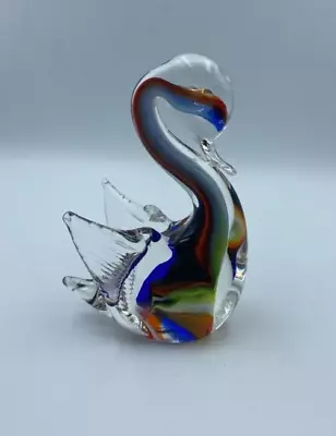 Art Glass Murano Style Multi-Color Swan Figurine Paper Weight 5  • $12