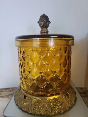 Rare! LE Smith Vintage Quilted Diamond Amber Glass Apothecary Jar With Base • $34.99