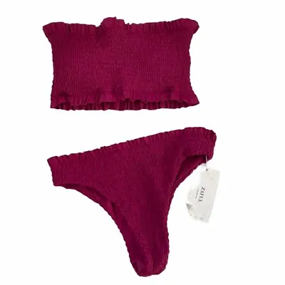 Zaful Bikini Set Smocked Raspberry Ruffle Bandeau Top Cheeky Bottom Swimwear NWT • $8