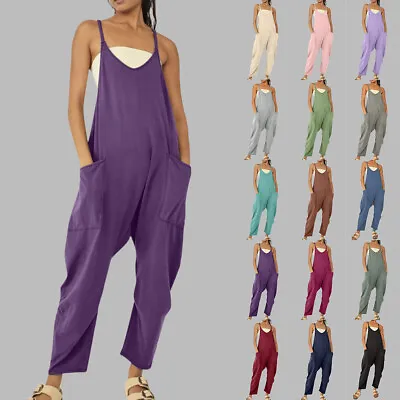 Women V Neck Dungarees Overalls Pockets Baggy Trousers Jumpsuit Playsuit Romper • £10.69