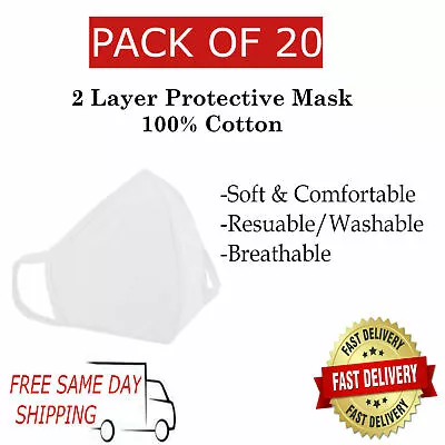 20 Pack / PCS Of 100% Cotton Reusable Washable Adult WHITE Face Mask Whole Sale • $19.95