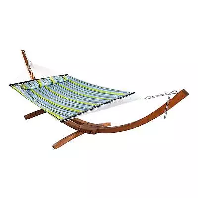 Quilted Fabric 2-Person Hammock | Curved Arc Wood Stand | 400 Pound Capacity • $479.99