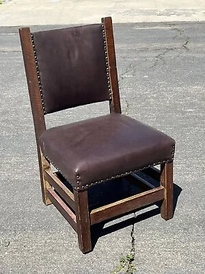 Arts Crafts Mission Oak Chair Leather Seat Back Stickley Era Antique • $150