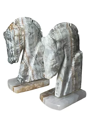 MCM-Vintage Marble Horse Head Bookends WhiteBrown&Gray 6 TX3.5 W • $22