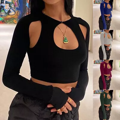 Women Cut Out Crop Tops T-Shirt Ladies Sexy Slim Fit Party Clubwear Blouse Size • £10.69