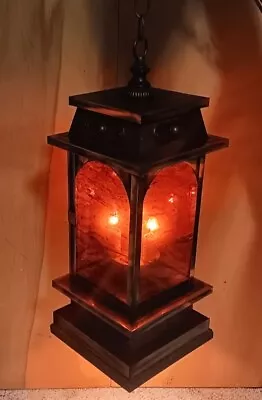 Vtg Mid Century Stained Glass Copper Chain Ceiling Box Lamp ! 2 Direction Shine • $139.95