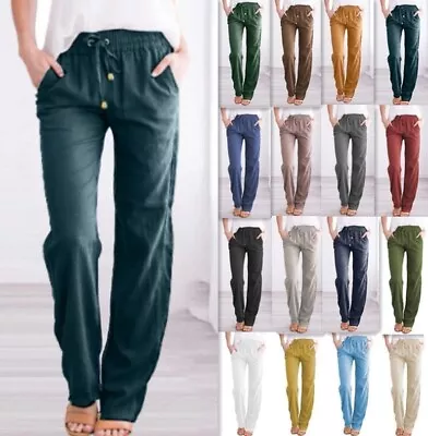 Women Cotton Linen Bottoms Trousers Ladies Solid Casual Elastic Waist Pants UK • £11.29