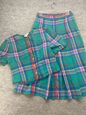 Doncaster Skirt Suit Set Size 12 Vintage Green Plaid Elastic Madras Tartan MID • $23.09