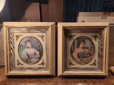 1950's Shadow Box Framed Girls With Bouquet Of Flowers  12x13 Set Of 2 • $109.99