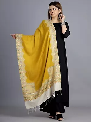 Hand-Cut Kani Spring Floral Fine Wool Jamavar Shawl Pashmina 80x28  Yellow Stole • $26.99