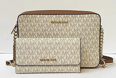 Michael Kors Jet Set Item East West Crossbody Bag + Trifold Wallet Mk Vanilla • $124