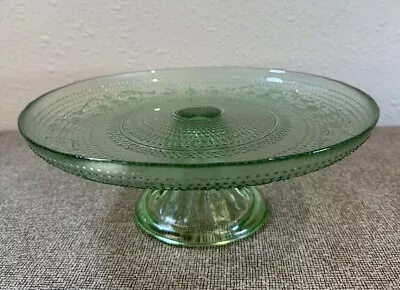 Vintage Green Glass Cake Stand Deco Pressed Design Verde Depression Plate 10” • $23.99