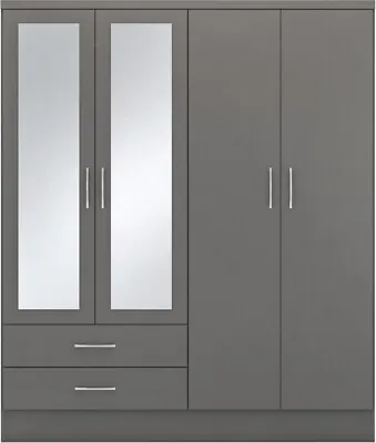 Nevada 4 Door 2 Drawer Mirrored Wardrobe In 3D Effect Grey Finish Hanging Rail • £286.99