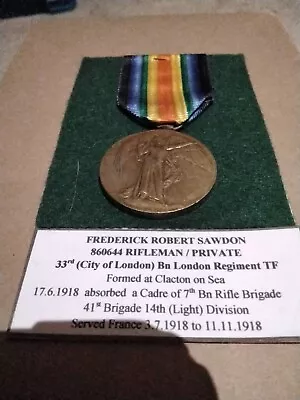 Victory Medal Ww1 LONDON REGT Rifle Brigade (Sawdon) SCARCE • £9.50