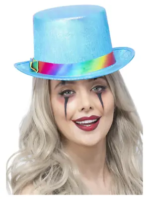 Clown Top Hat Pearlised Blue Ladies Fancy Dress Accessory With Rainbow Band • £2.99