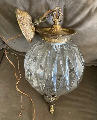 Vintage Mid Century Modern Glass And Brass Swag Hanging Lamp Light Pendant Lamp • $120