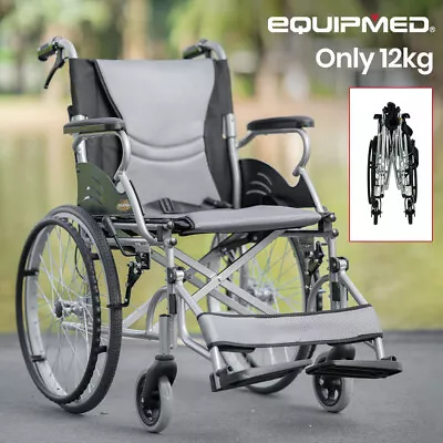 EQUIPMED Wheelchair Aluminium Lightweight Wheel Chair Folding Portable Grey • $264