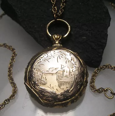 Vintage Antique Etched 2 Door Double Open 12k Gold Filled Locket & Chain Beauty • $24.99