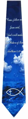 $11.95 • Buy Blue White Religious Necktie Jesus Christian Fish Symbol Scripture