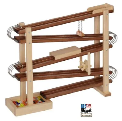 WOOD & METAL MARBLE RACE RUN Amish Handmade Toy Roller Track With Glass Marbles • $251.99