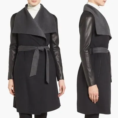 Mackage Womens M Leather Sleeve Wool Blend Wrap Coat Black Grey Shawl Collar • $300