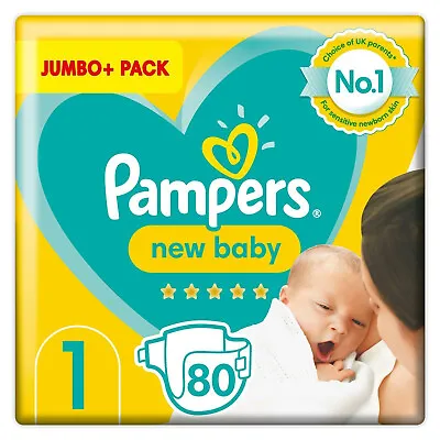 Pampers New Baby Size 1 Newborn Nappies 2kg-5kg Jumbo+ Pack (80 Diapers) • £19.59