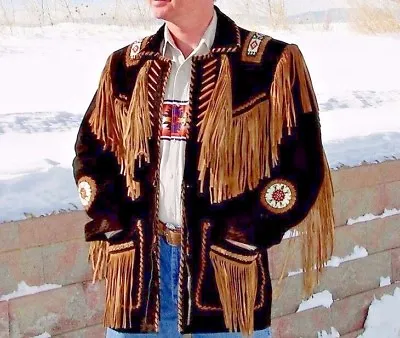 Men's Traditional Western Leather Jacket Cowboy Coat With Fringe Bone And Beads  • $119.99