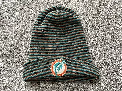 Vintage 90s Miami Dolphins Striped Winter Beanie Hat Orange Teal USA Made NFL • $18