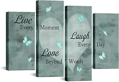 £82.61 • Buy 4 Panel Live Love Laugh Canvas Painting Teal Love Heart And Butterfly Picture Wa