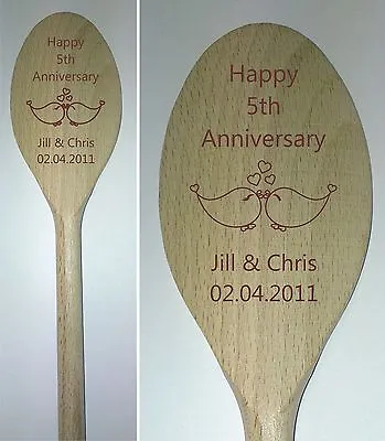 Personalised 5th Wedding Anniversary Gift Engraved Wooden Spoon Any Year Couples • £6.95