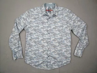 Robert Graham Shirt Mens Large Blue Camo Button Up Flip Cuff Designer Stretch • $32.99