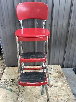 Vintage Red Cosco Chrome Kitchen Step Stool Farm Chair Plant Stand Vinyl WOW OW • $129.95